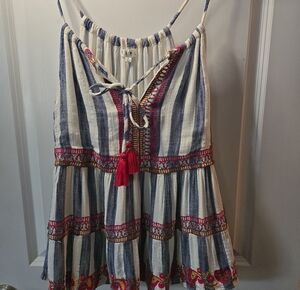 THML White and Navy Stripe Tiered Spaghetti Strap Dress
